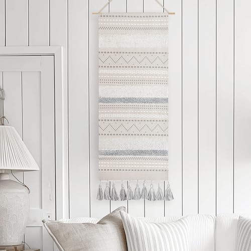 BlissBlush Long Vertical Wall Hanging Tapestry Woven Boho Farmhouse Decor Gray Cream Tassel Handmade Wall Art Decoration for Bedroom Living Room Dorm Nursery Apartment, 16x39 INCH by BlissBlush