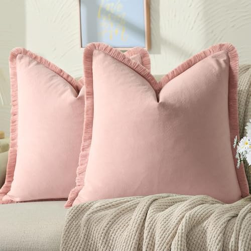 ZWJD Pillow Covers 20x20 Set of 2 Dusty Pink Throw Pillow Covers with Fringe Chic Cotton Decorative Pillows Square Cushion Covers for Sofa Couch Bed Living Room Farmhouse Boho Decor by ZWJD