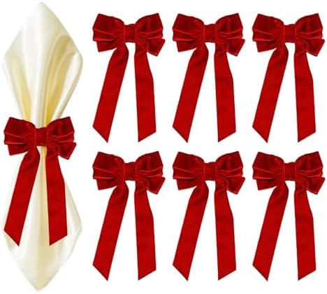Meseey 12 Pcs Red Velvet Bow Napkin Rings, 4x7 Inch Elegant Bow with 1.6 Inch Napkin Holder, Decorative for Wedding Christmas Thanksgiving Dinner Party Table Setting by MeseeyRibbonBow