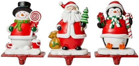 Glitzhome Christmas Stocking Holders, Set of 3 Santa Snowman Penguin Mantel Decor with Weighted Base, Festive Jack-in-The-Box Design for Fireplace, Holiday Sock Hangers by Glitzhome