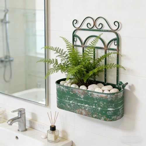Vintage Rustic Wall Planter Distressed Green Decor Metal Hanging Plant Basket Shabby Iron Wall Mounted Flower Holder Pot Stand for Indoor Outdoor Home Balcony Patio Farmhouse Garden Decorative - Image 3