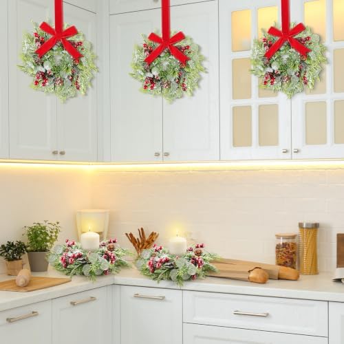18 Pcs 9.2" Mini Christmas Wreaths for Cabinets Small Wreath Kitchen with Ribbon Christmas Decorations Candle Rings Red Berry Pine Cone Wreaths for Windows Farmhouse Xmas Decor Table Centerpiece - Image 5
