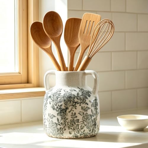 Ceramic Vase with Handles, Vintage Utensil Holder, Flower Decorative Vase Chinoiserie Decor Rustic Farmhouse Retro Floral Vases for Table Bookshelf Mantel Kitchen Living Room Office - 6.7” Gray 017 - Image 6