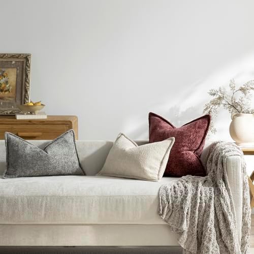 DEZENE Pack of 2 Christmas Burgundy Fall Euro Shams Pillow Covers 26x26 Cozy Soft Chenille Decorative Throw Pillow Covers Accent Vintage Square Couch Pillow Covers for Home Decor Bed Sofa Living Room - Image 5