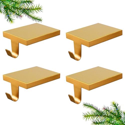4 Pcs Christmas Stocking Holders, Mantel Stocking Hangers Metal Hanging Hooks with Protective Pads for Xmas Holiday Counter Window Home Table Gold by Anrgterg