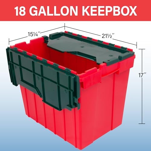 Akro-Mils KeepBox 18 Gal Storage Box, Lid Attached, Stackable, Red/Green - Image 3