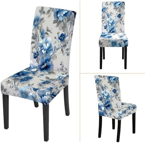 Blue Flower Chair Covers Set of 6,Stretchable Kitchen Dining Room Chair Covers Decorations Removable Washable Dining Chair Slipcovers Chair Protectors for Dining Room & Kitchen - Image 6