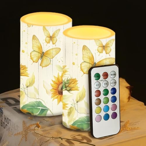 Butterfly Sunflower Flameless Candles 2 Pack 6 x 3 inch Battery Operated Candles with Multicolor Timer Remote Control LED Fake Candles for Warm Light Dinner Table Home Decor by WelcometoLuarisgur