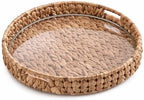 Round Woven Rattan Tray with Clear Acrylic Insert and Handles, Water Hyacinth Decorative Storage Tray for Coffee Table, Ottoman, Bathroom Counter, Kitchen (M: 12.99 in × 2.36 in) by Hawfrides