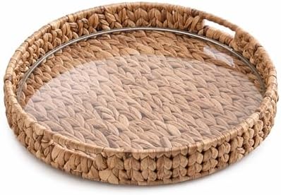 Round Woven Rattan Tray with Clear Acrylic Insert and Handles, Water Hyacinth Decorative Storage Tray for Coffee Table, Ottoman, Bathroom Counter, Kitchen (M: 12.99 in × 2.36 in) by Hawfrides