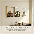 iwa concept Masjid Al Aqsa, Kaaba & Masjid An-Nabawi Islamic Wall Art, Wooden Blessed Places Islamic Wall Decor, Gift for Muslims at Ramadan Eid (Medium, Gold | All Three) - Image 3