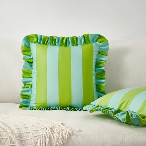 MONDAY MOOSE Decorative Throw Pillow Covers, Set of 2 Water-Resistant Striped Design with Ruffle Edge for Outdoor/Indoor Use, Pillow Inserts Not Included (16x16 inch, Light Green/Light Blue) - Image 6