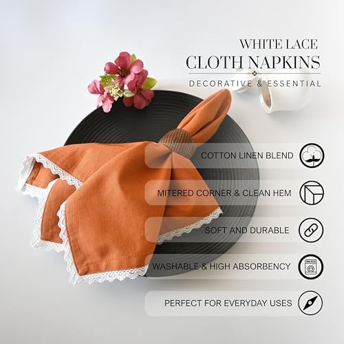 FINGERCRAFT Lace Cloth Napkins, Cotton Linen, 12 Pack, 20x20 Inch, Rust - Image 4