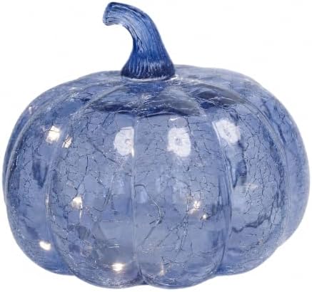 Indigo Blue Crackle Glass Pumpkin Light with 2 Lighting Modes and 6-Hour Timer, 5.5 x 6 Inch Battery Operated Fall Decor for Halloween, Thanksgiving and Christmas by HvFun