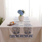 Hand Block Printed Cotton Table Runner, Boho Floral Table Setting Accent, Machine Washable Cotton Runner for Extended Dining Tables and Buffet Tables, 16x106 Inches - Blue & Ivory - Image 3