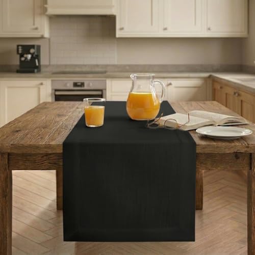 Easy Linen™ by D'Moksha, Linen-Look Texture, Recycled Fabric Table Runner, Black, 14 x 72 Inch, Wrinkle Resistant, Machine Washable - Fall, Everyday Dining by DMokshaHomes