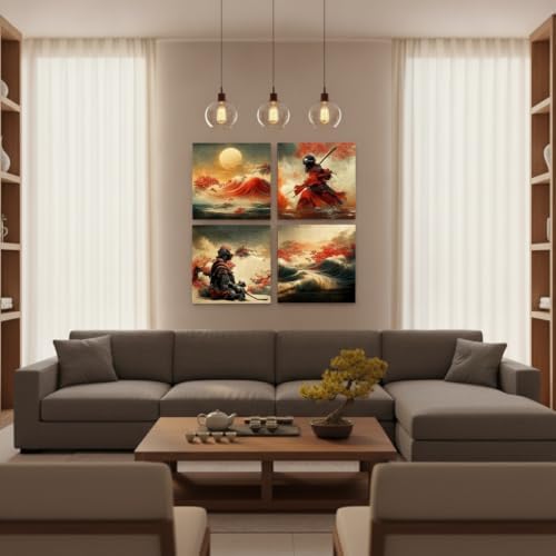 4-Piece Vintage Japanese Samurai Wall Art Canvas Prints, Framed 12x12 Inch - Image 5