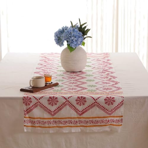 Hand Block Printed Cotton Table Runner, Machine Washable Cotton Runner, Boho Floral Dining Room Accent for Large Dining Tables and Console Displays, 18x90 Inches - Red & Ivory - Image 3