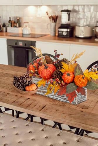 DILATATA Fall Decor Autumn Harvest Pumpkins Centerpiece - Artificial Maple Leaves, Berries and Pinecones Arrangement in Rectangle Wooden Box for Thanksgiving Party Mantel Fall Decor - Image 6