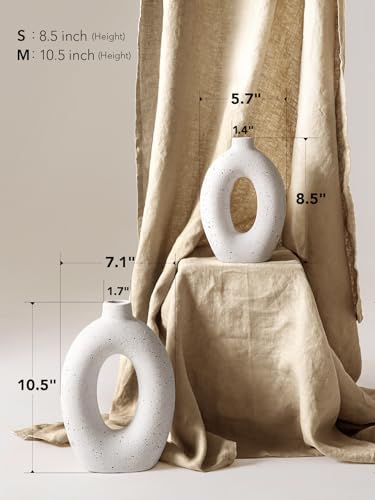 LE TAUCI Ceramic Vases Set of 2, White Hollow Donut Flower Vases, Nordic Decor Decorative Centerpiece for Living Room, Office Table, Shelf, Mantel, White Speckled (H10.5”xW8.5”) - Image 2
