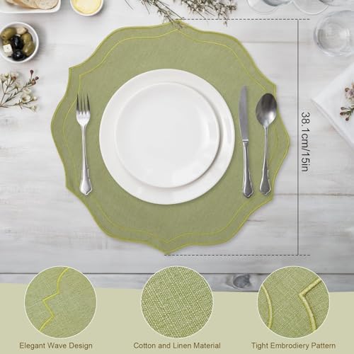 Set of 8 Cotton Linen Placemats, 15x15 Round Scalloped Cloth Table Mats, Embroidery Machine Washable, Wrinkle Resistance Fabric Place Mats for Wedding Summer Baby Shower Party Table Decor-Green - Image 2
