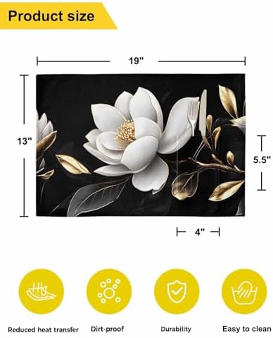Gorgeous Flowers Placemats Set of 6, White Gold Floral Botanicals Black Woven Placemat Washable Wipeable Table Placemat with Pocket, Holiday Cloth Table Mat for Party Kichen Dinner - Image 6