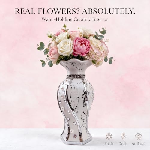 Silver Ceramic Flower Vase with Rhinestone Accents - Image 3