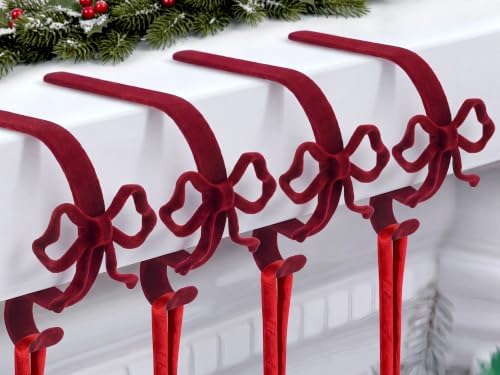 4 Pcs Burgundy Red Bow Stocking Hangers for Mantle by Otoolling
