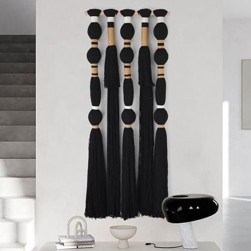 Macrame Wall Hanging Black Spherical Tassel Geometric Wall Art 15.7"W*39"L - Image 2