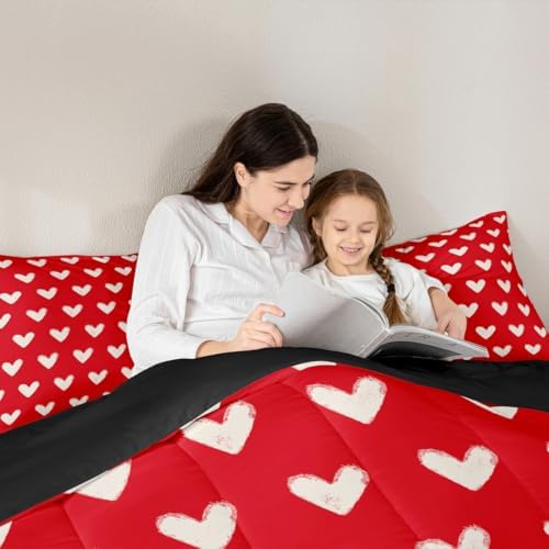 Red White Comforter Set Full Size Cute Heart Pattern Bedding For Kids Boys Girls Valentine Day Gift Quilt Cartoon Love Geometric Duvet Insert Love Heart Soft Warm Bedding Sets Bedroom Decor 3Pcs - Image 5