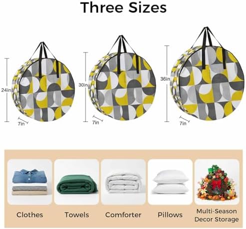Vintage Mid-Century Round Storage Bag 24 Inch, Modern Abstract Geometric Yellow Gray Clothes Storage Container with Handles Heavy Duty Organizer for Comforter, Bedding & Holiday Wreaths - Image 7