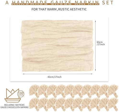 100 Pieces Cloth Napkins Beige Dinner Cheesecloth Napkins for Wedding,Wrinkled Cloth Napkins Bulk for Home Party Rustic Table Decoration, 17 x 17 Inch - Image 2
