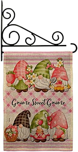 Gnome Sweet Burlap Burlap Garden Flag Set Wall Holder Life Home Flower Vintage Rustic Everyday Floral Classic Small Decorative Gift Yard House Banner Double-Sided Made In USA 13 X 18.5 by Breeze+Decor
