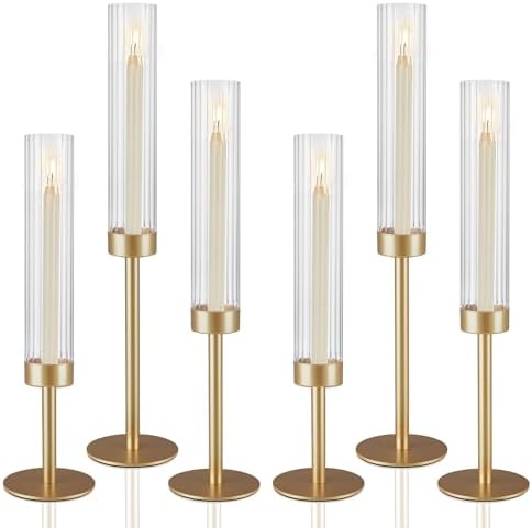 Gold Candlestick Holders Set of 6 Gold Taper Candle Holders for Candlesticks Hurricane Glass Candle Holder Bulk Tall Candle Stick Holder Decor for Fireplace Mantel Thanksgiving Christmas Wedding Table by Unknown