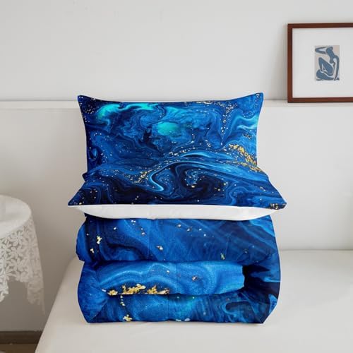Ombre Blue Marble Bedding Set King, Black And Blue Marble Comforter Set for Boys Girls Teens Adult, Abstract Ocean Wave Fluid Duvet Set with Golden Sequins, Modern Aesthetic Liquid Quilted Comforter - Image 5