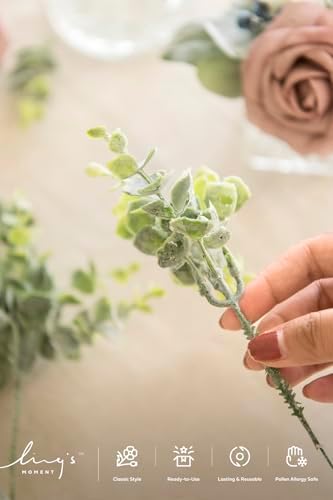 Ling's moment Artificial Plants Eucalyptus Leaves Branches,18Pcs 8" Tall Fake Greenery Filler Decor w/Stems, Realistic Texture Flocked Plants for Wedding Bouquets/Table Centerpieces, Room/Office - Image 6