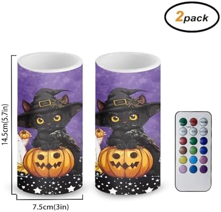 Halloween Flameless Candles with Remote, 2 Pack LED Battery Operated Candles for Halloween Party Multicolor Flameless Electric Pillar Candle with Black Cat Ghost - Image 3