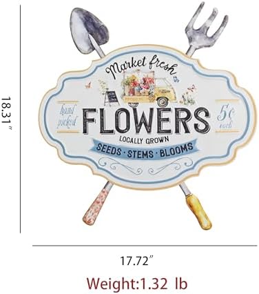 Vintage Metal Garden Sign, Decorative Wall Decor with Shovel & Rake Accents - "Market Fresh Flowers" Rustic Farmhouse Wall Art for Outdoor, Porch, Patio, 18.3" x 17.72" - Image 6