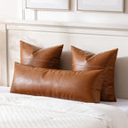 Fancy Homi Brown Boho Long Lumbar Faux Leather Body Decorative Throw Pillow Cover 14x40 Inch for Bedroom Couch Bed Sofa Bench, Thick Stylish Solid Square PillowCase, Rustic Modern Farmhouse Room Decor - Image 2