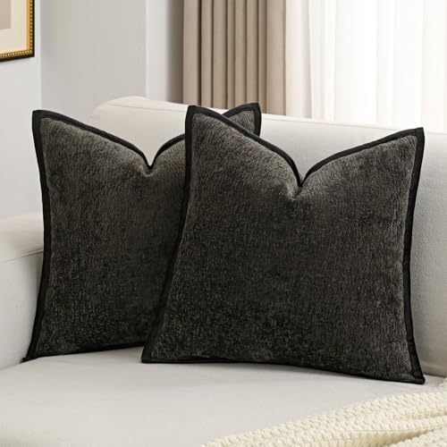 FUTEI Pack of 2 Chenille Soft Throw Pillow Covers 22x22 Inch, Black by FUTEI