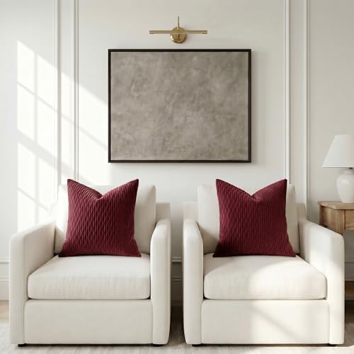 DEZENE Burgundy Throw Pillow Covers: Pack of 2 24x24 Inch Vertical Ripple Striped Velvet Square Decorative Pillow Cases for Farmhouse Couch Sofa Bed Living Room Home Decor - Image 5