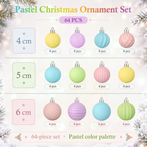Lunmon 64 Pcs Pastel Christmas Ball Ornaments Macaron Candy Land Xmas Bulbs - Image 3