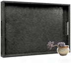25 x 18 inches Leather Ottoman Serving Tray with Hole Handles, Rectangle Large Modern Service Tray for Living Room, Coffee Table, Bed, Tea, Food, Butler Countertop, Kitchen, Dinner, Picnic (Black) by Unknown