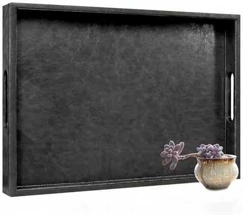 25 x 18 inches Leather Ottoman Serving Tray with Hole Handles, Rectangle Large Modern Service Tray for Living Room, Coffee Table, Bed, Tea, Food, Butler Countertop, Kitchen, Dinner, Picnic (Black) by Unknown