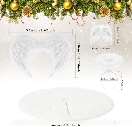 Janinka 15 Pcs Angel Feather Wing Christmas Tree Decors, 2 Feather Wings Topper with Aureole Headband, 1 White Plush Xmas Tree Skirt, 12 Wings Christmas Ornaments for Home Wedding Decor - Image 4