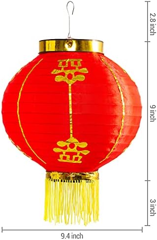 MyGift 4 Pack Chinese New Year Red Silk Paper Lanterns with Gold Tassel, Decorative 9 inch Round Party Lanterns for Spring Festival Holiday Season Decorations, Hanging Chinese Japanese Lanterns - Image 5