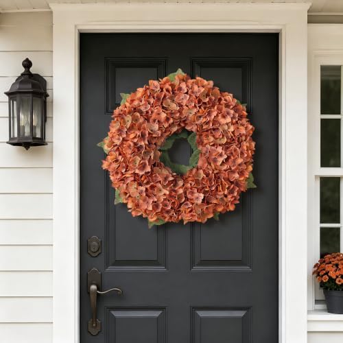 21" Artificial Fall Hydrangea Flower Wreath for Front Door Decor(Orange) - Image 2