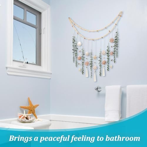 Artificial Eucalyptus Wall Decor with Seashell Coastal Decor Natural Home Decorations Hanging Wooden Bead Garland for Large Bedroom Bathroom Living Room, 32 x 32 Inch - Image 4