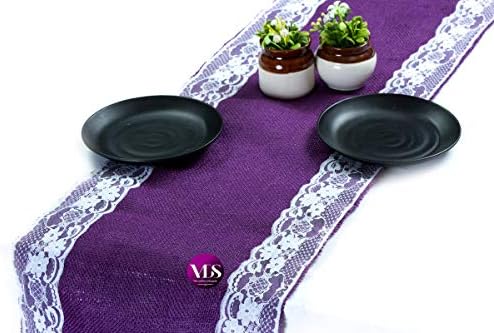 VDS Pack of 10, Burlap Table Runner with White Lace Edge, 100% Natural Jute Rustic Hessian Table Cloth Centerpiece for Wedding Birthday Party Banquet Table Decoration (Size 12X108 Inch)(Purple) by VDS