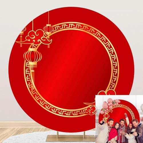 Happy Chinese New Year Round Backdrop Cover Chinese Style Photography Backdrop Red Lantern Lunar New Year Circle Background Chinese Spring Festival Celebration Party Decorations Supplies 6.5ft by OERJU
